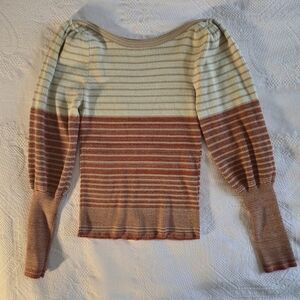 MOTF Striped Puff-Sleeve Sweater in Cream and Rust Orange Size S